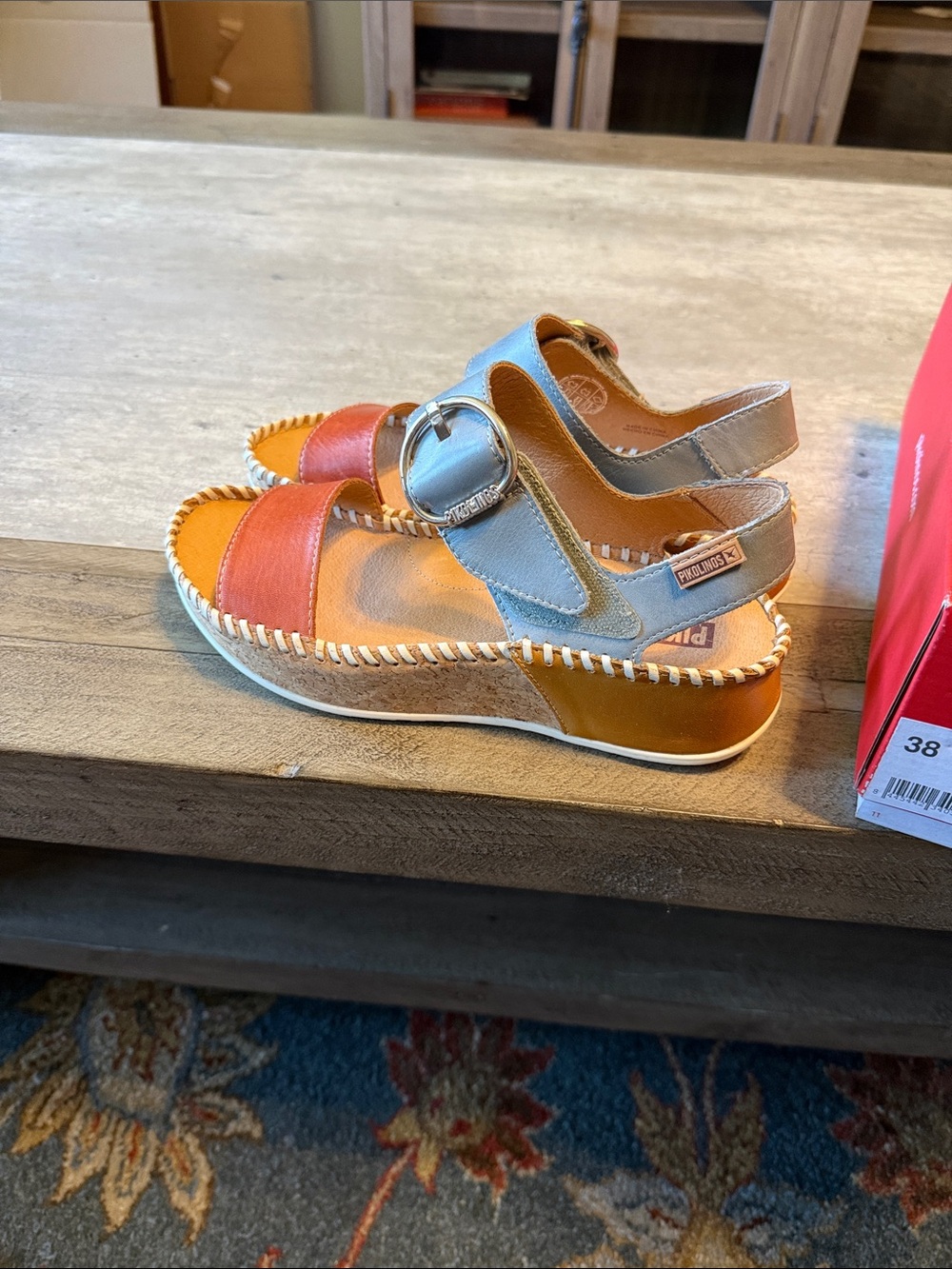 PIKOLINOS brown and Light Blue/brown Leather Wedge Sandals